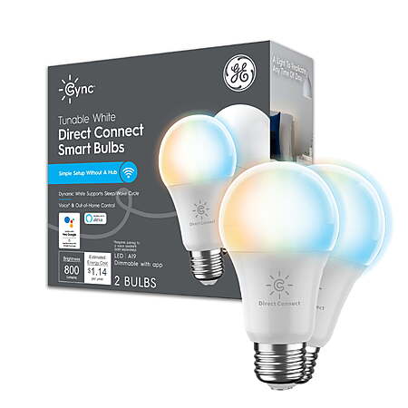 GE Cync A19 Smart LED Light Bulbs, Tunable White (2-Pack)