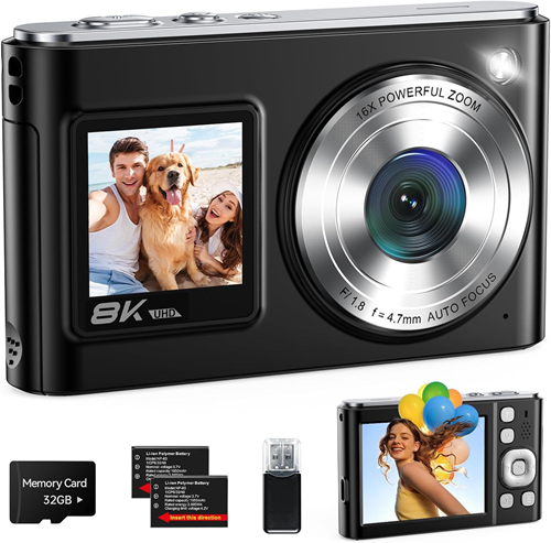 Leulix 4K 16X Zoom Autofocus Point Dual-Screen Digital Camera with 32GB