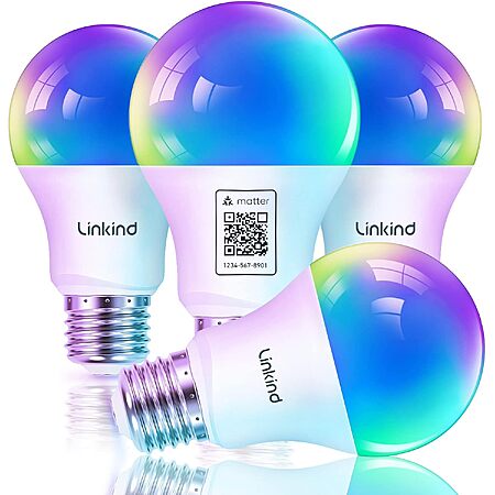 Linkind Matter A19 E26 Smart Color-Changing LED Light Bulbs (4-Pack)