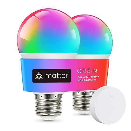 OREiN Matter Smart A19 RGBTW Color Changing LED Light Bulbs with Remote (2-Pack)