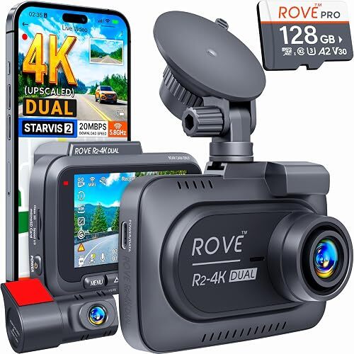 Rove R2-4K Dual 2-Sensor Front and Rear Dash Cam with 128GB Card